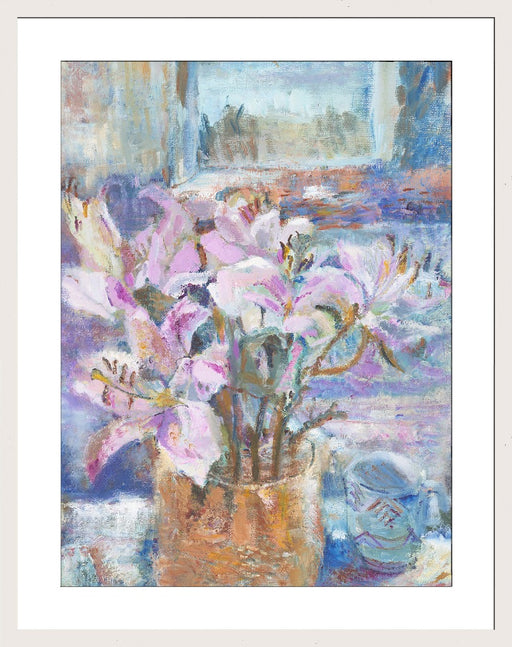 Art Print. Art print of Pink Lilies in a vase. Original Still Life Painting by a UK Artist. Available as an giclee art print and a framed art print. Prints from Original Art by UK Artist Judi Glover