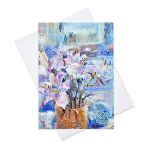 This greeting card is made from a painting of beautiful Pink Lilies by Judi Glover Art