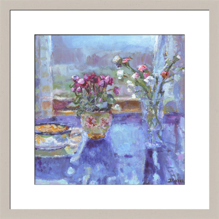 Fine Art Print. Giclee Print made from original painting of a still life painting with flowers on a table with a window view called quiet morning. Framed prints from original art. Available at Judi Glover Art. Original Painting by Judi Glover. Used for Wall Art. 
