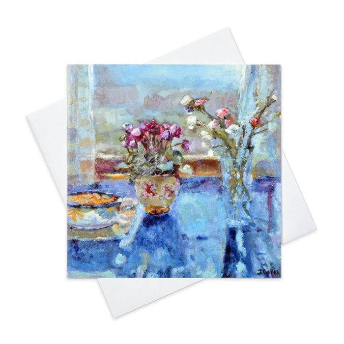 Fine art greeting card from a still life painting by Judi Glover Art. The still life cards show flowers in vases on a table