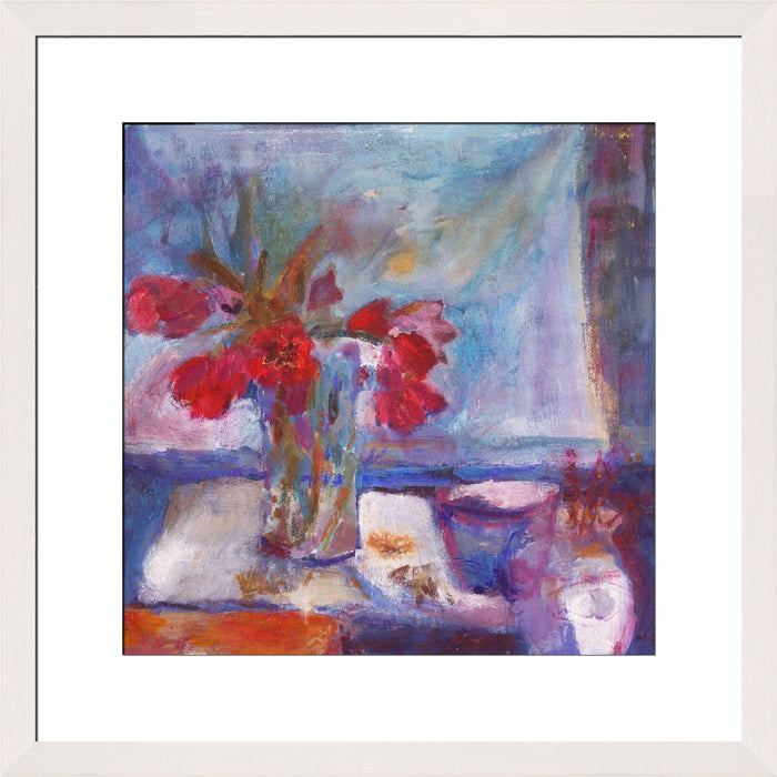 Fine Art Print. Giclee Print made from original painting with tulips on a table. Painting of Red Tulips as a Fine Art Print. Framed prints from original art. Available at Judi Glover Art. Original Painting by Judi Glover. Used for Wall Art. 