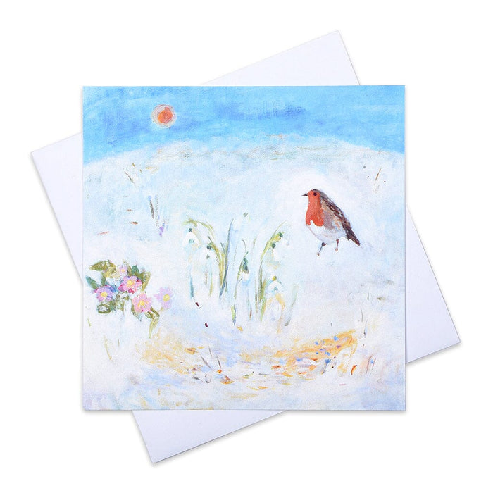 Luxury Christmas cards from www.judigloverart.com made from a painting of a little Robin heralding the festive season surrounded by winter flowers and snowdrops. The Robin Christmas cards are in a pack of 6 and blank inside for your own Christmas message.