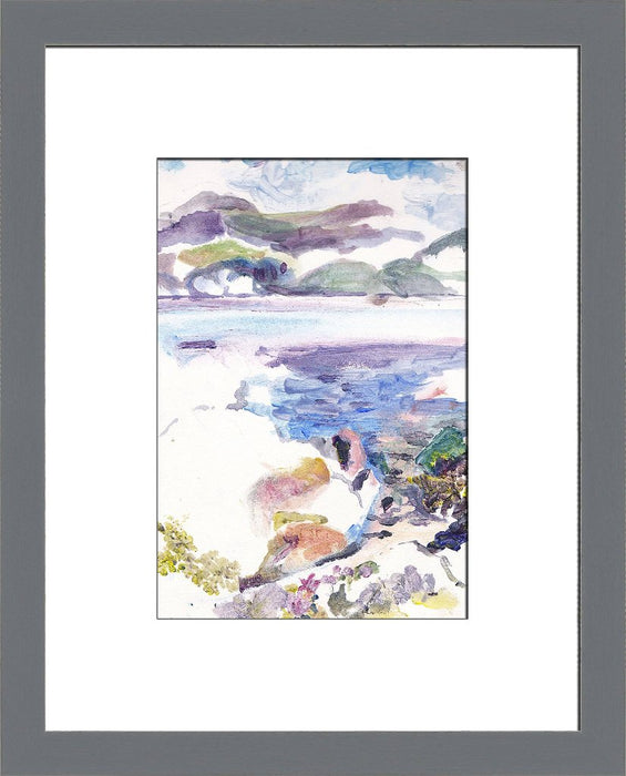 Art Print made from an Original Seascape Painting. A painting of Isle of Iona in the Scottish Hebrides in Scotland with blues, greens and purples and the waves covering the rocks. This is printed into a high quality giclee Print available at Judi Glover Art.