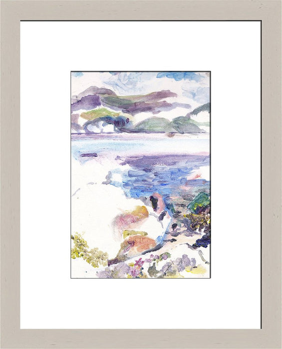 Art Print made from an Original Seascape Painting. A painting of Isle of Iona in the Scottish Hebrides in Scotland with blues, greens and purples and the waves covering the rocks. This is printed into a high quality giclee Print available at Judi Glover Art.