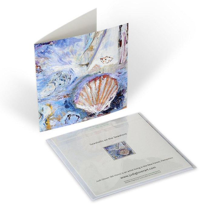 Fine Art Greeting Card called Seashells on the Seashore. A greeting card made from original art and an impressionistic painting of shells. The card is hand printed in the UK on 300 GSM Card and forms part of the seascape collection. Available at Judi Glover Art. 