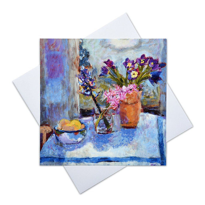 Blank greeting card by Judi Glover Art that shows tulips and hyacinths. The artistic card is provided with envelopes in a set of 6 cards