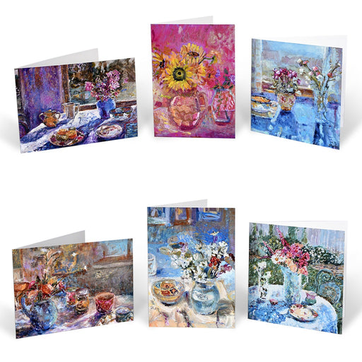 Set of six assorted artistic greeting cards from original art. Fine art Greeting cards in the UK from Judi Glover Art. Still Life Cards. A set of still life art cards celebrating flowers and light as it falls on everyday objects. Each original painting is by by UK Artist Judi Glover.