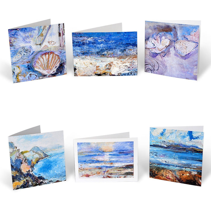 A set of greeting cards from original art. This set is hand printed from original art paintings of UK coastlines, seascapes and shells that have been collected and painted. The set has strong blues, painted in an impressionistic or fine art style by Judi Glover. 6 greeting cards from Original Art available at Judi glover art