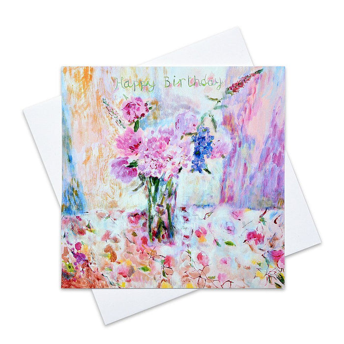 Unique birthday cards by judigloverart.com. The happy birthday card shows a pink peony with happy birthday written on the front 