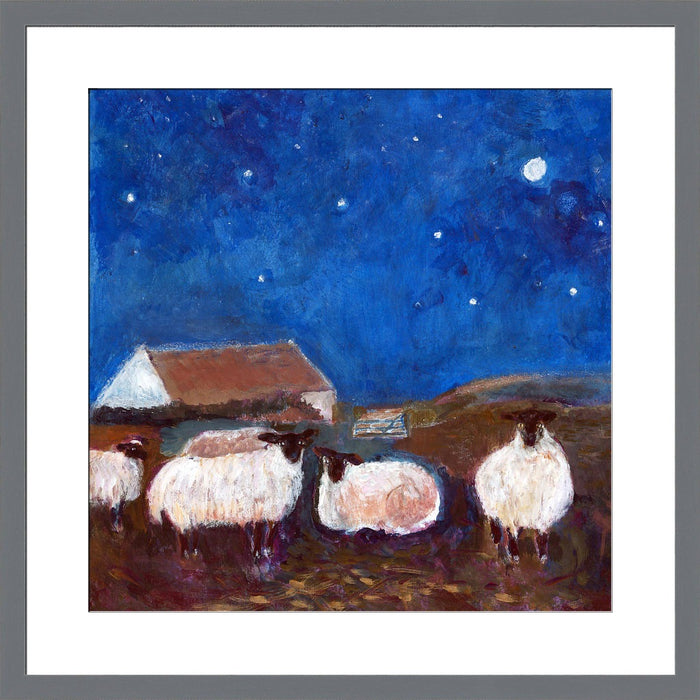 A sheep wall art print. Art print of sheep under the stars. Available in 30 x 30, 40 x 40, 50 x 50. The print of sheep can be bought unframed. The print of sheep can be framed in white, grey or dark grey. Available from UK Artist Judi Glover at Judi Glover Art.