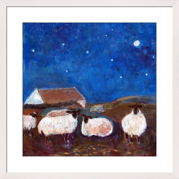 A sheep wall art print. Art print of sheep under the stars. Available in 30 x 30, 40 x 40, 50 x 50. The print of sheep can be bought unframed. The print of sheep can be framed in white, grey or dark grey. Available from UK Artist Judi Glover at Judi Glover Art.