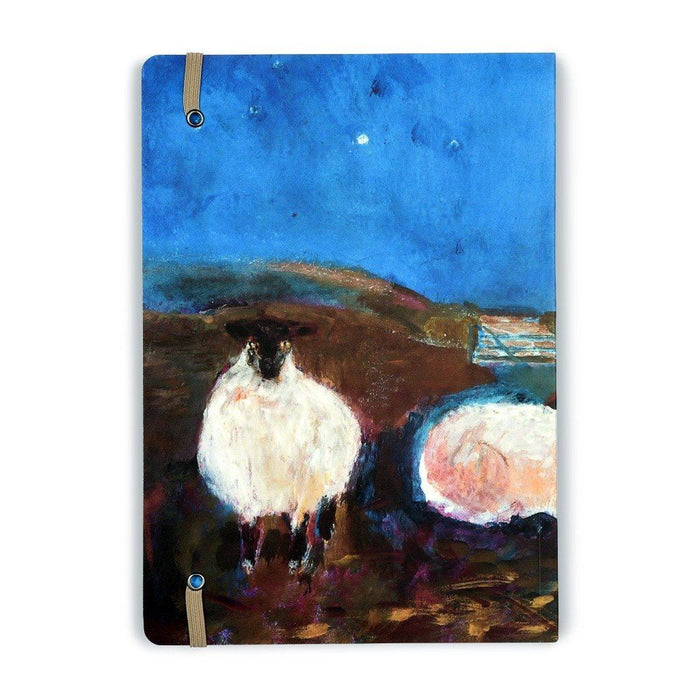 Back of the sheep notebook showing sheep in a field. The cute notebook is A5 in size with 120 pages of lined paper