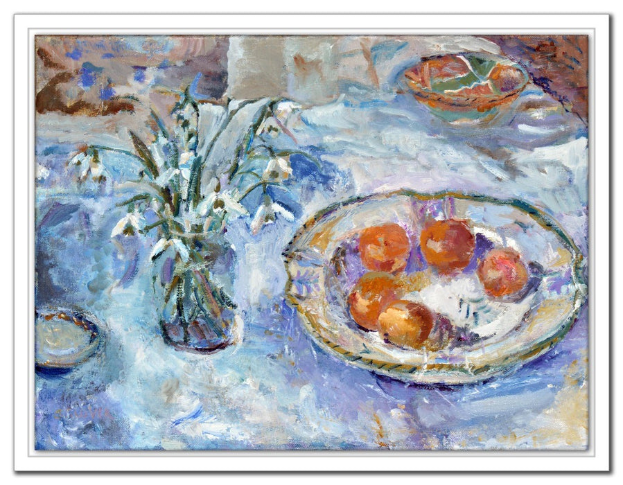 Snowdrops Canvas Print. Still life canvas print showing snowdrops and clementines on a table. Canvas Print made from original painting of snowdrops. Canvas Print from original art. Available at Judi Glover Art. Original Painting by Judi Glover. Used for Wall Art. 