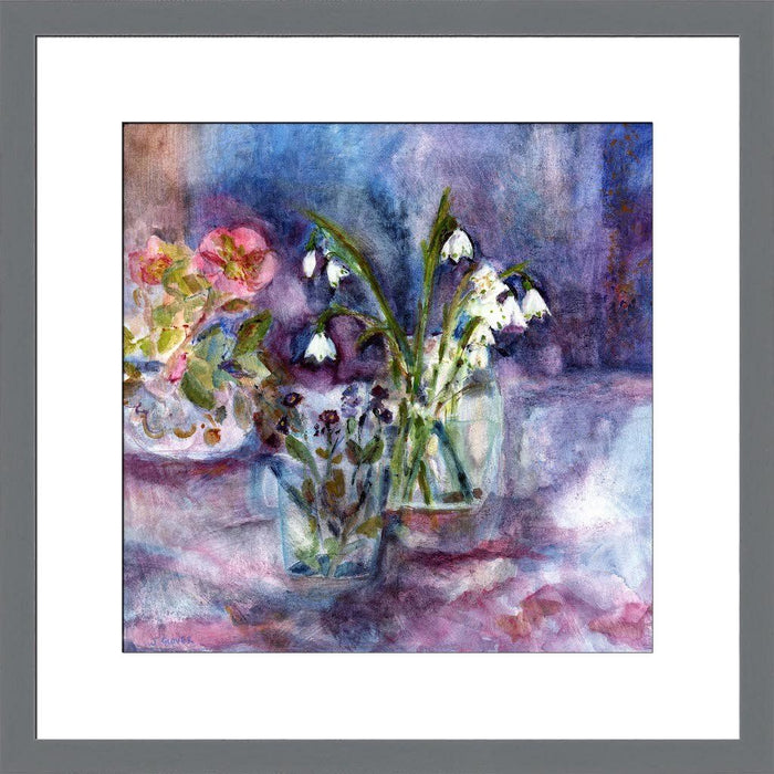 A print of forget me nots, snowdrops and hellebores by judi glover art. The flower are prints are available to buy online and are by independent artist Judi Glover
