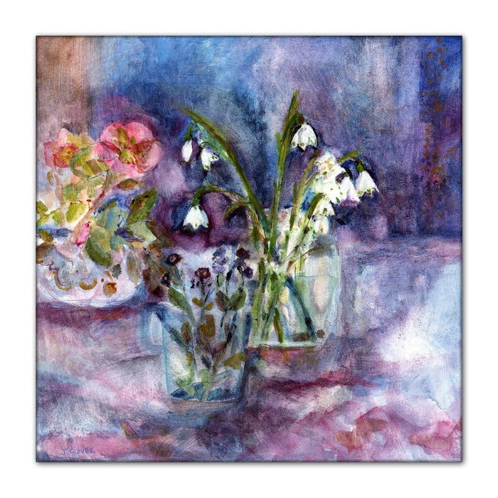 A canvas print of Spring and early Summer flowers are captured in this flower canvas of garden favourites, forget-me-nots, snowdrops and hellebores available at www.judigloverart.com