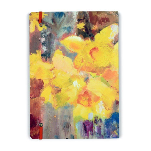 Back of the floral notebook by Judi Glover Art. The beautiful notebook has 120 pages of lined paper and is A5 in size with a cover of daffodils