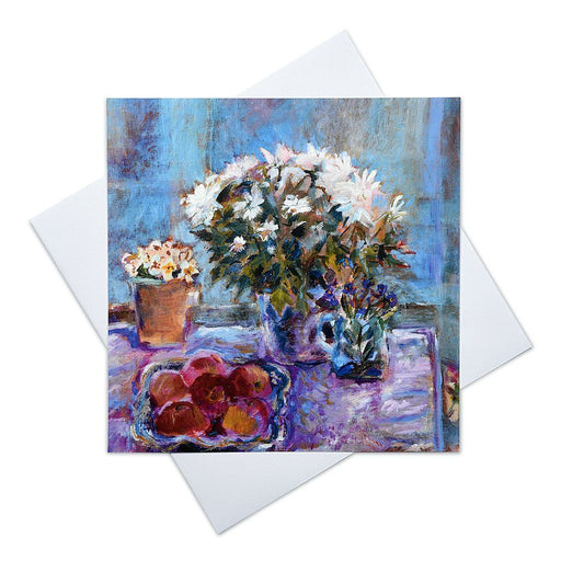 Fine art greeting card from Judi Glover Art with flowers. The springtime greeting card has a vase of Spring flowers and a bowl of apples