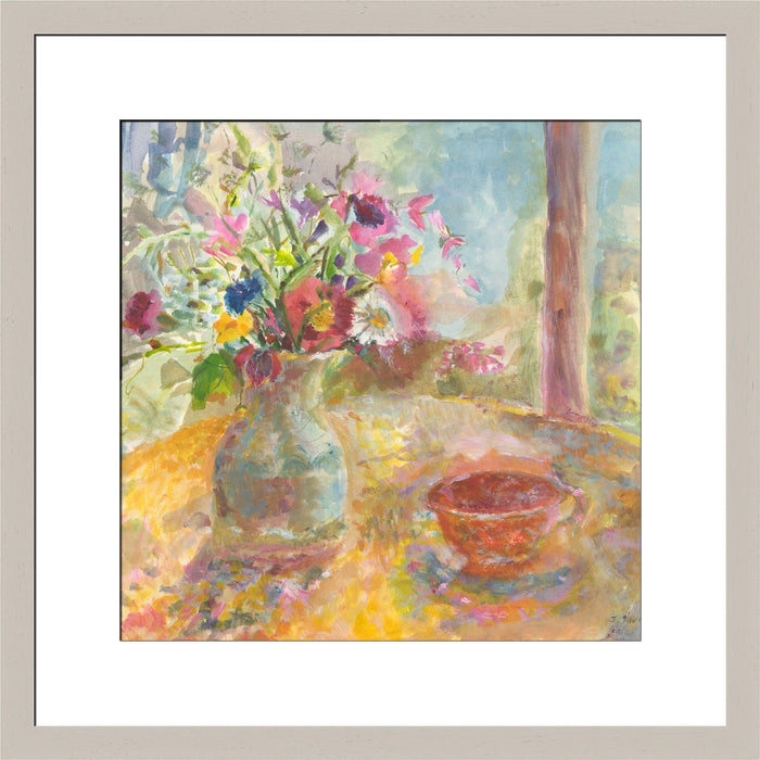 Floral Print made from original painting of a still life showing flowers on a table. Painting called Summer Flowers. Framed prints from original art. Available at Judi Glover Art. Original Painting by Judi Glover. Used for Wall Art. 
