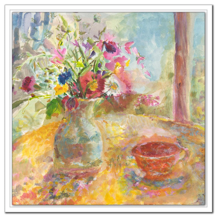 Still life Canvas Print. Floral canvas print from original painting of a still life showing flowers in a vase on a table. The painting of Summer Flowers is printed as a canvas prints from original art it is available online at Judi Glover Art as a still life canvas print used for Wall Art. 