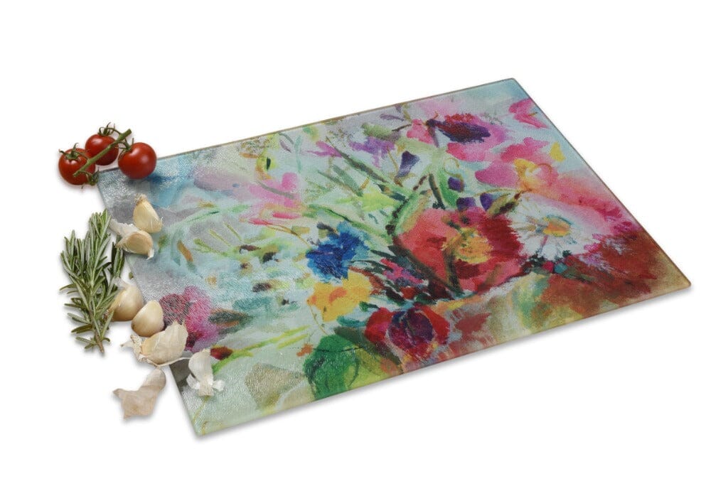 colourful chopping board by judi glover art. The glass chopping board shows summer flowers and makes a decorative worktop saver