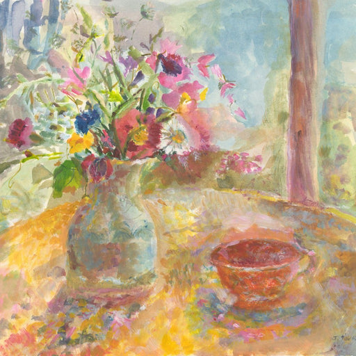 Summer flowers greeting card by Judi Glover Art. The fine art greeting card shows summer flowers in a vase on a sunny day