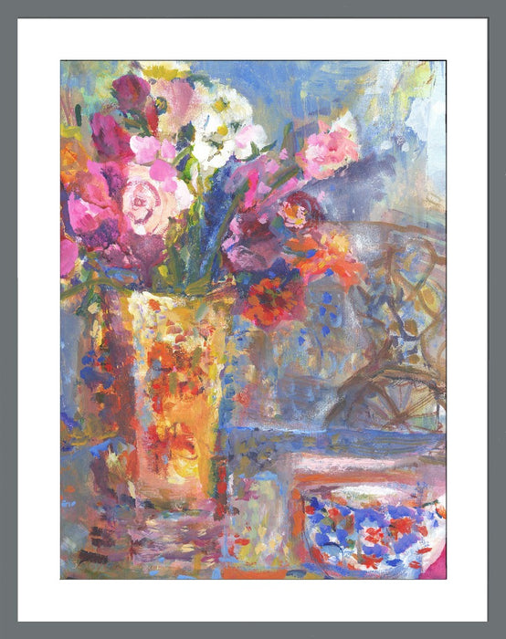 Floral Fine Art Print. Giclee Print made from original painting of flowers in a vase on a table. Framed Print of flowers. Framed prints from original art by UK Artist. Available at Judi Glover Art. Original Painting by Judi Glover. Used for Wall Art. 