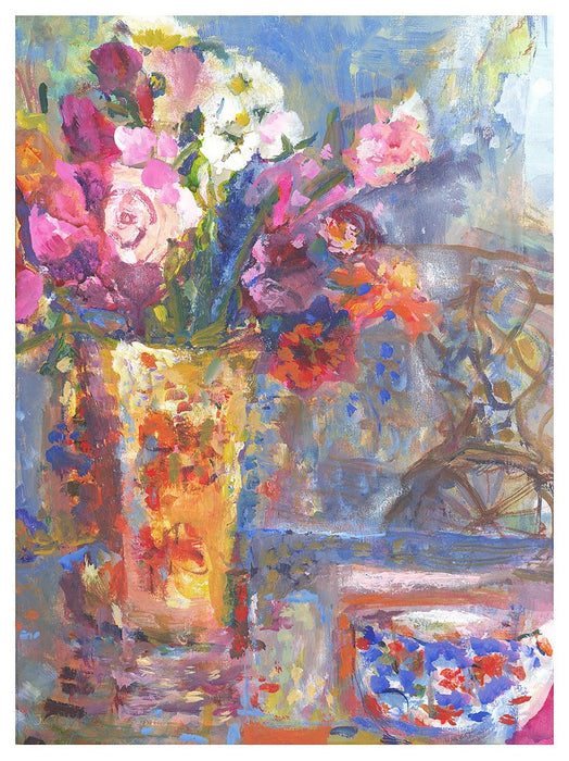 Fine Art Print of flowers in a vase on a table. Framed Print of flowers from original art by UK Artist available at Judi Glover Art. Floral Prints from Original Painting by Judi Glover which are used for Wall Art. 