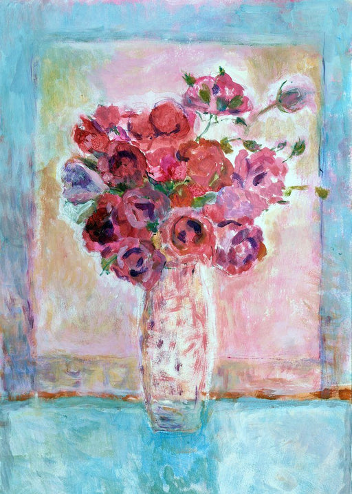 Special card by judi glover art. This greeting card shows red roses and is from a painting by UK artist judi glover
