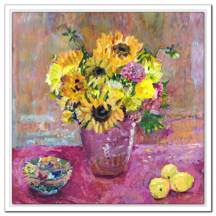 sunflowers Canvas Print. Sunflowers and dahlias canvas print. Canvas Print made from original art. Stretched Canvas Print from original art. Available at Judi Glover Art. Original Painting by Judi Glover. Used for Wall Art. 