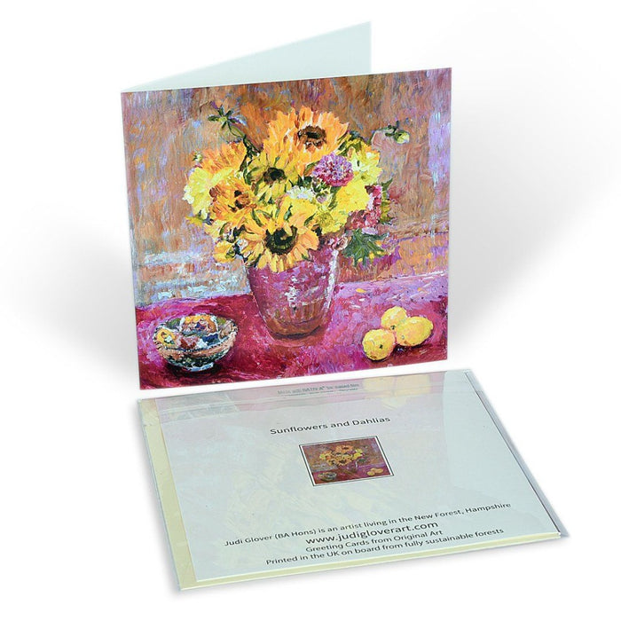 Original Art Painting Card made from an Original Painting of Sunflowers and Dahlias. Available as a Fine Art Greeting Card. This Artistic Card was painted by Judi Glover and available at Judi Glover Art.