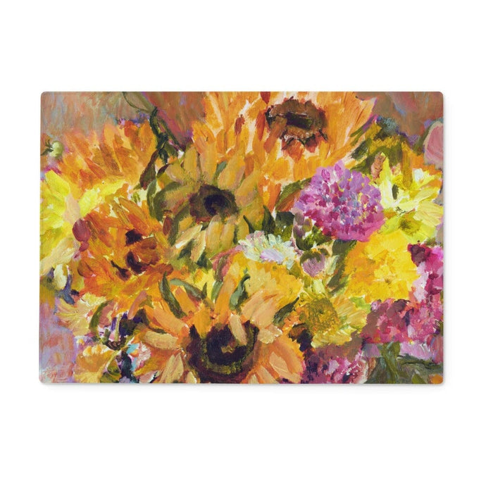 This versatile glass chopping board or worktop saver by Judi Glover Art with a sunflower pattern will brighten and protect kitchen surfaces. Can be used as a glass chopping board or a present for mum