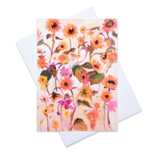 A floral card from a painting of sunflowers by Judi Glover Art. The sunflower card brings a feel of joy and happiness as they jostle for space and sun in the garden. Each flower card is blank inside.