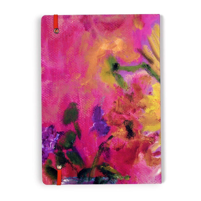 Back cover of the floral notebook by Judi Glover Art. The beautiful notebook with sunflowers is A5 in size with 120 lined pages and an elastic enclosure