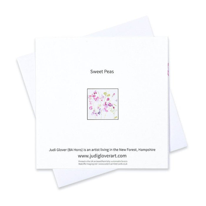 Art greeting card by judi glover art from an original painting of sweet peas. Each sweet pea card shows pretty petals and is made in the UK