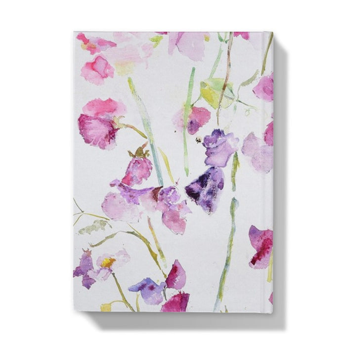 Rear cover of the a5 notebook journal. The cover of the a5 notebook hardback has pink and purple sweet peas