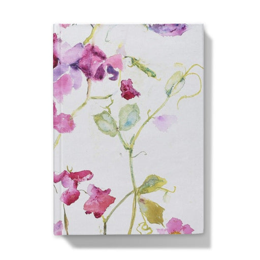 Hardback notebook journal featuring a floral design of delicate sweet peas. The A5 notebook journal is available as a lined notebook or plain notebook