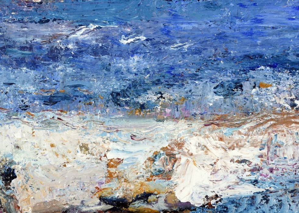 Painting from which the Original Art Greeting Card called Tales from the Sea was made. Artistic Greeting Card made from an original painting of a sea view. Impressionistic painting style. Picture of deep blue sea. Available at Judi Glover Art. Painted by Judi Glover.