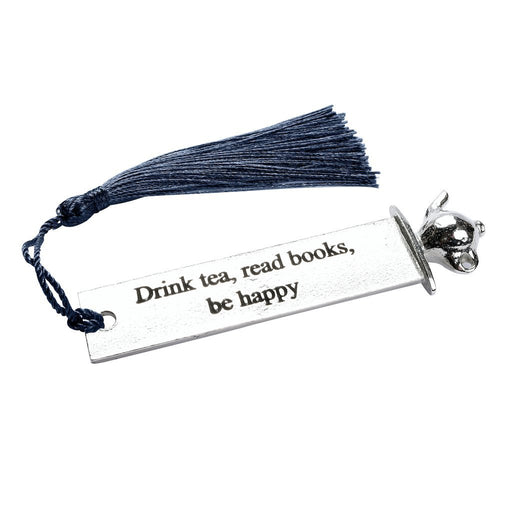 Bookmark with tassels by Judi Glover Art. The gift for tea lovers bookmark has a nay blue tasstle hanging off a metal bookmark that has a quote and teapot at the top