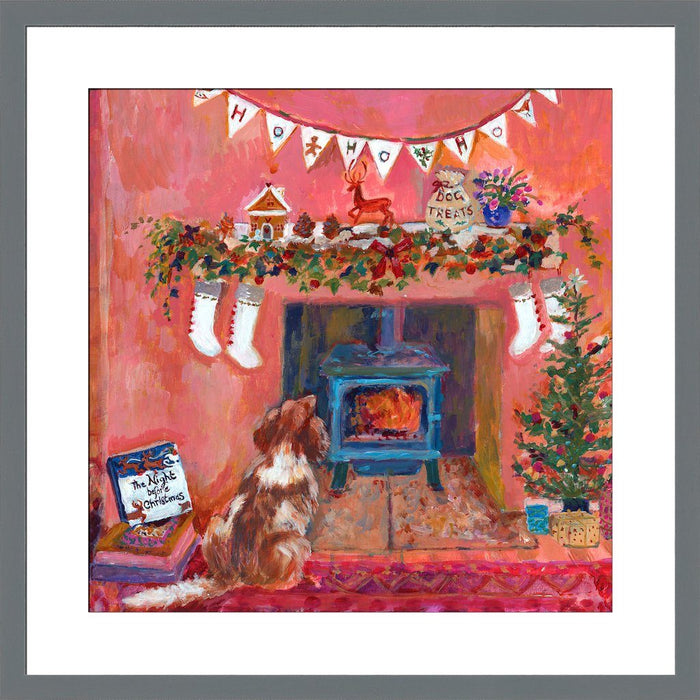 Christmas wall art from Judi Glover Art. The Christmas print is from a painting of a dog beside the fireplace on the night before Christmas surrounded by Christmas decor
