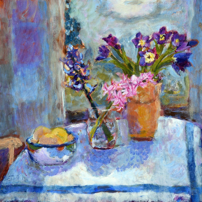 Original art greeting card at Judi Glover Art showing blue, purple and pink flowers. The hyacinths greeting card shows hyacinths in vases and is blank with envelopes measuring 6" x 6"