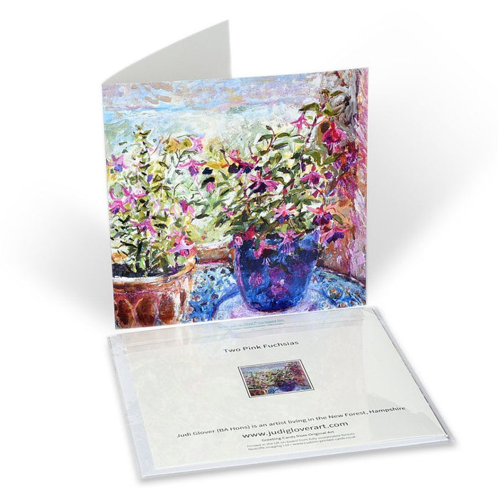An Original Fine Art Greeting card made from a painting of Fuchsia Flowers. The fuchsia flowers card is from original art. An impressionistic fine art painting made into a fine art card. Available at Judi Glover Art. Made from an original painting by Judi Glover
