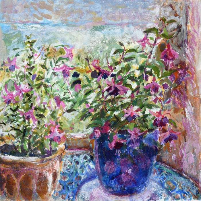 An Original Fine Art Greeting card made from a painting of Fuchsia Flowers. The fuchsia flowers card is from original art. An impressionistic fine art painting made into a fine art card available at Judi Glover Art. Greetings cards made from original paintings by Judi Glover