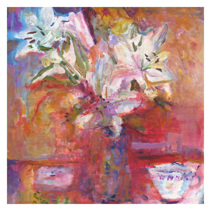Fine Art Print. Giclee Print made from original painting of Lillies in a vase. Painting called White Lilies. Framed prints from original art. Available at Judi Glover Art. Original Painting by Judi Glover. Used for Wall Art. 