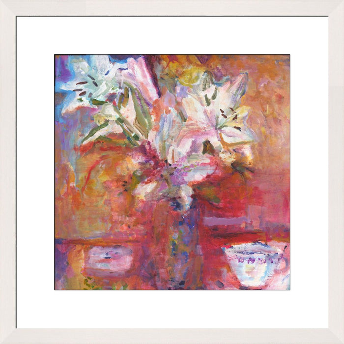 Lilies Art print from a floral painting of white lilies which is available as a floral print in the UK at Judi Glover Art. The lilies fine art print is available as a framed print of flowers for wall art.