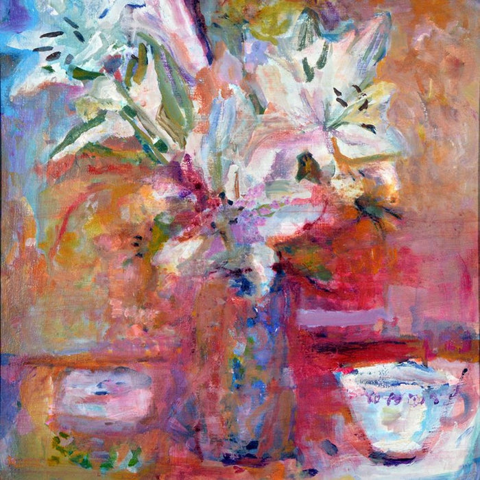 White lilies in the light fine art painting using mixed media on gessoed paper and made into an art card in the UK by Judi Glover Art. The art cards are part of the floral greeting card range at Judi Glover Art