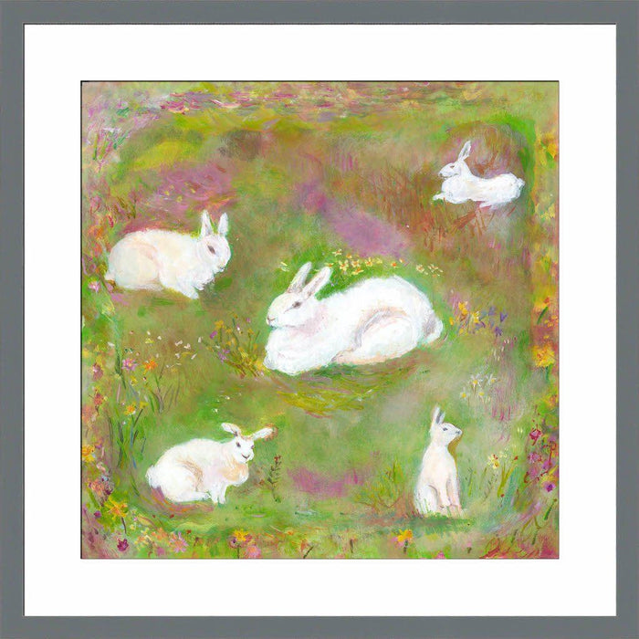 Bunny print with white rabbits from a painting by Judi Glover Art. The rabbit prints are perfect child's wall art for a nursery or bedroom wall