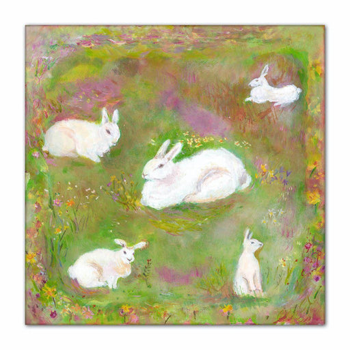 Child's wall canvas art of a little group of white rabbits in a meadow full of wild flowers available at www.judigloverart.com. The rabbits canvas print is shows New Zealand white rabbits