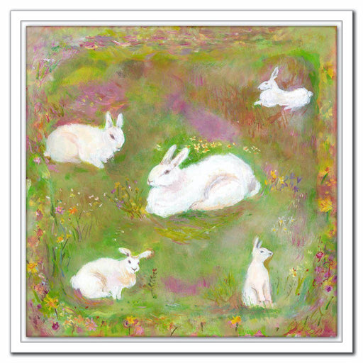 Framed child's wall canvas art at www.judigloverart.com. The rabbits canvas print is made from a painting of white rabbits by Judi Glover