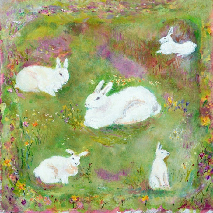 A painting of white rabbits by Judi Glover Art. The rabbit cards measure 150mm x 150mm and are printed in the UK on 300 GSM card