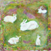 A painting of white rabbits by Judi Glover Art. The rabbit cards measure 150mm x 150mm and are printed in the UK on 300 GSM card